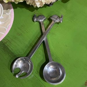 Easter Vintage Estate Old Cabin Rabbit Handle pewter salad/spoon serving pieces
